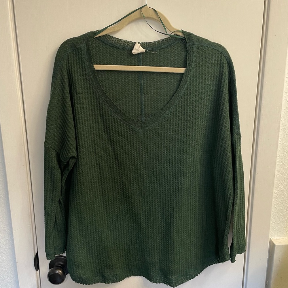 Forest Green Waffle Long Sleeve Crop Shirt